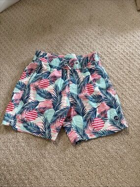 johnnie-O Kids Palm Print Swim Trunks - Navy, Pink & Mint